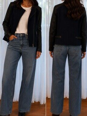 Scotch & Soda Navy and Black Leather- And wool Jacket